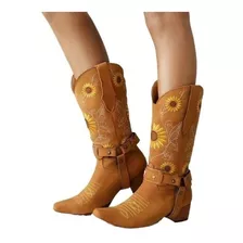 Bota Vaquera Caballero De Dama De Tacón Grueso Bordadas