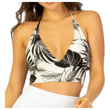 Top Cropped Estampado Floral Riu Kiu Thais Off White Preto