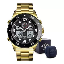 Relógio Umbro Masculino Anadigi Multifunção Umb-dt-3-g Correia Dourado Bisel Preto Fundo Preto