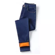 Jeans De Cintura Alta Para Mulheres Com Forro De Lã Térm [u]