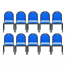 Kit 10 Cadeira Hoteleira Auditório Empilhável Sintético Azul Material Do Estofamento Couro Sintético