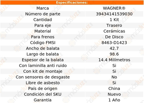Foto 2 de Kit Balatas Ceramicas Tra Pontiac Vibe L 4 1.8l 09-10 Wagner Kit Balatas Ceramicas Tra Pontiac Vibe L 4 1.8l 09-10 Wagner Foto 2