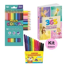 Kit Livro Colorir Lápis De Cor + Canetinhas Princesas Disney