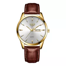 Reloj De Cuarzo Hombre Lige Lg8970 Pulsera De Cuero Correa Marrón Bisel Dorado Fondo Blanco Quartz 3 Atm 22mm Anchura Wristwatch