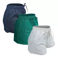 Kit 3 Short Shortinho Cintura Alta Em Linho Feminino Verão