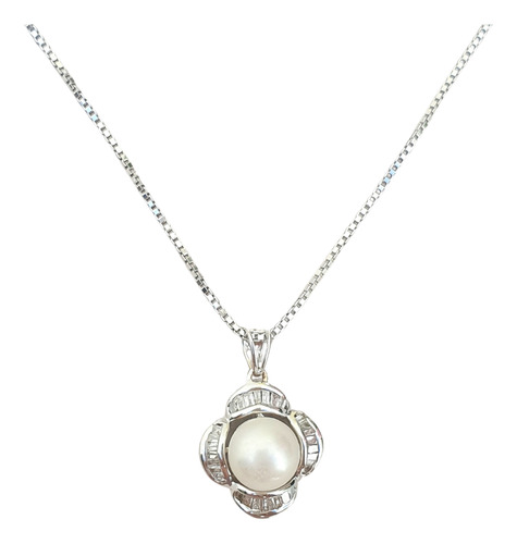 Colar Flor De Ouro Branco 18k750 Com Diamantes E Pérola Branco