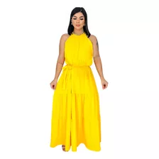 Vestido Longo Gola Alta Com Cinto Rodado Babado Evangélico