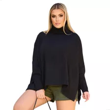 Poncho Feminino Gola Alta Tricot Flamê Oversized Lançamento