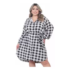 Vestido Chamise Camisa Xadrez Plus Size Viscolinho Manga 3/4