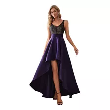 Vestido Elegante Largo Fiesta Morado Uva High Low Lentejuela