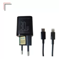 Cabo E Tomada Carregador Super Turbo Tipo C 30w Para iPhone Cor Preto