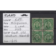 Lote880 Filipinas 2 Cent. Año 1917 Scott# 290 Blockx4 S/dent