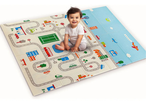 Tapete Infantil Emborrachado Sensorial Dobrável Dupla Face Educativo Cidade I Love Baby Azul