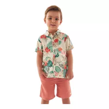 Conjunto Menino Camisa Tropical E Bermuda Texturizada Tijolo