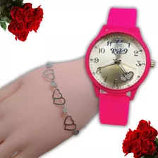Kit Relógio Feminino Pink De Silicone + Pulseira De Aço