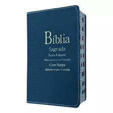 Bíblia Sagrada Com Harpa Cristã Letras Gigantes Palavras De Jesus Em Vermelho Com Índice Capa Luxo Azul
