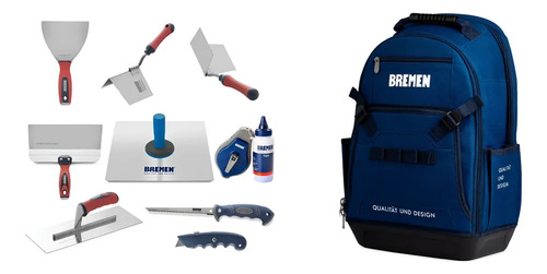 Kit Bremen: Herramientas Durlock 9pz Espátulas Llana Serrucho Cutter + Mochila Porta 35l Base Plástica