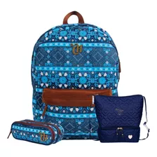 Kit Capricho Etnic Azul Mochila + Lancheira + Estojo Duplo