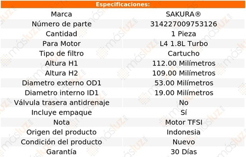 1) Filtro Aceite Audi A5 1.8l 4 Cil 16 Sakura Foto 3