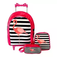 Mochila Rodinhas Flamingo Lancheira Estojo Kit