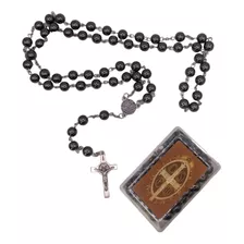 Terço Hematita Católico Medalha De São Bento Com Crucifixo