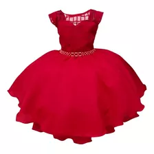 Vestido Infantil Vermelho C/ Cinto De Pérolas Princesas