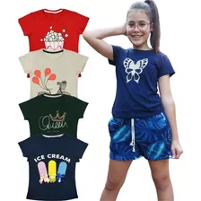 Blusa Feminina Infantil Manga Curta Kit 4 Peças - Premium