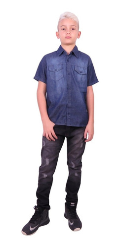 Conjunto Jeans Camisa Colarinho Calça Jeans Infantil Infanto Juvenil Menino