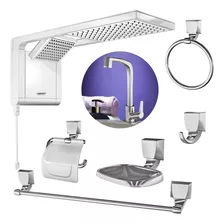 Chuveiro Acqua Duo Branco + Torn Lavabo F71 + Kit 5pcs Cromo