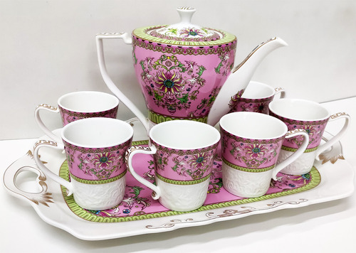 Jogo Bule Xícaras Café Chá Porcelana Florida Kit 08 Peças