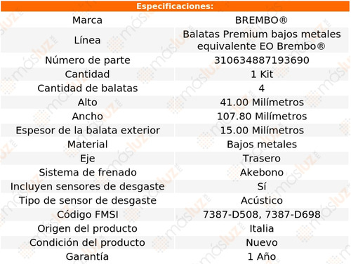 Balatas Bajos Metales Tra Saturn Sw2 93/95 Brembo Foto 4