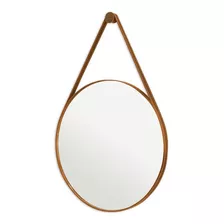 Espelho Redondo De Parede Alça Em Couro 60cm+pino C.caramelo