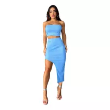 Conjunto Cropped Sem Alças Feminino E Saia Midi Coladinha