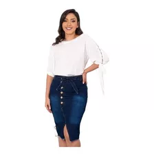 Saia Jeans Feminina C Botões Cinto Cintura Alta Lycra Moda