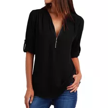 Camisa Mujer Cuello En Cremallera Manga Larga Camisa De Gasa