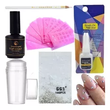 Kit Unhas Gel Strass Acrigel + Placas Com Carimbo + Top Coat