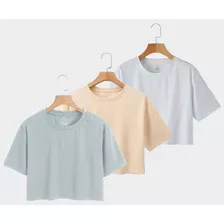 Kit 3 Camiseta Plus Size Feminina Cropped De Malha Algodão