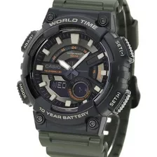 Relógio Casio Masculino Verde Standard Aeq-110w-3avdf Cor Da Correia Verde-escuro