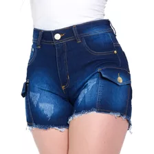 Shorts Feminino Bermuda Jeans Cintura Alta Meia Coxa Bolso