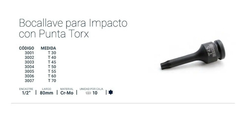 Llave Tubo Bremen Alto Impacto Torx T30 Enc 1/2 Largo 80mm Cod. 3001 Dgm