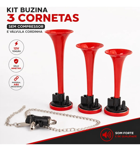 Buzina A Ar Verdureiro 3 Cornetas Vermelha Com Cordinha — foto 5