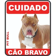 03 Placa De Advertência Cuidado Cão Bravo Pit Bull