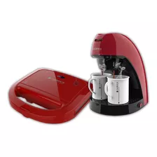 Cafeteira Vermelha 2 Xícaras + Sanduicheira Gourmet 220v