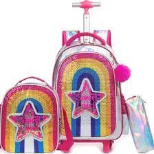 Mochila Lonchera Escolar Viaje Lentejuela Estrella Arcoiris Niña Rosa Set Escuela