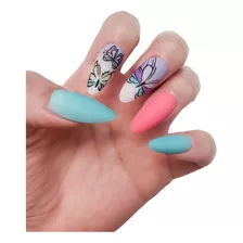 Uñas Postizas Rosadas Y Celestes Con Diseño De Mariposas