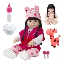 Boneca Bebê Reborn C/ Girafinha Menina Cabelo Preto Realista