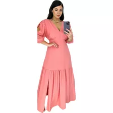 Vestido Longo Babado Fenda Manga 3/4 Evangélico Elegante