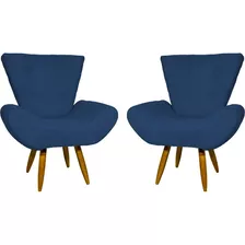 Kit 2 Poltronas Decorativas Napoli Escritório Suede Amarelo Cor Azul-marinho Desenho Do Tecido Suede Liso