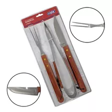 Kit Churrasco 3 Peças Inox Essencial Pegador De Madeira Pro