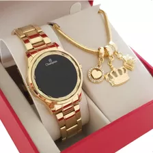Relógio Champion Feminino Digital Dourado Colar E Brincos